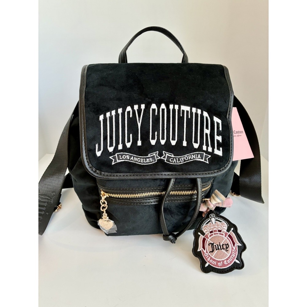 Juicy Couture~ University Backpack~ Black Velour Liquorice Charm NWT